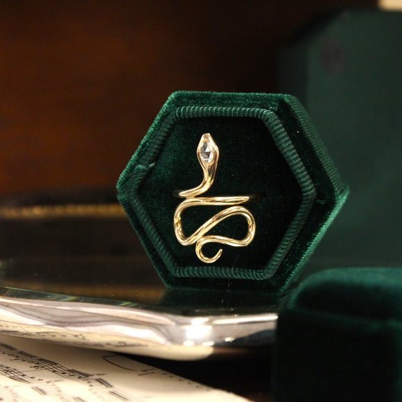 14k Yellow Gold Snake Ring with Rose Cut Diamond Head - Picture 1 of 5